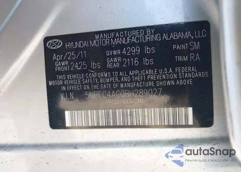 2011 Hyundai Sonata Se z USA, uszkodzony, nr VIN 5NPEC4AC0BH289027